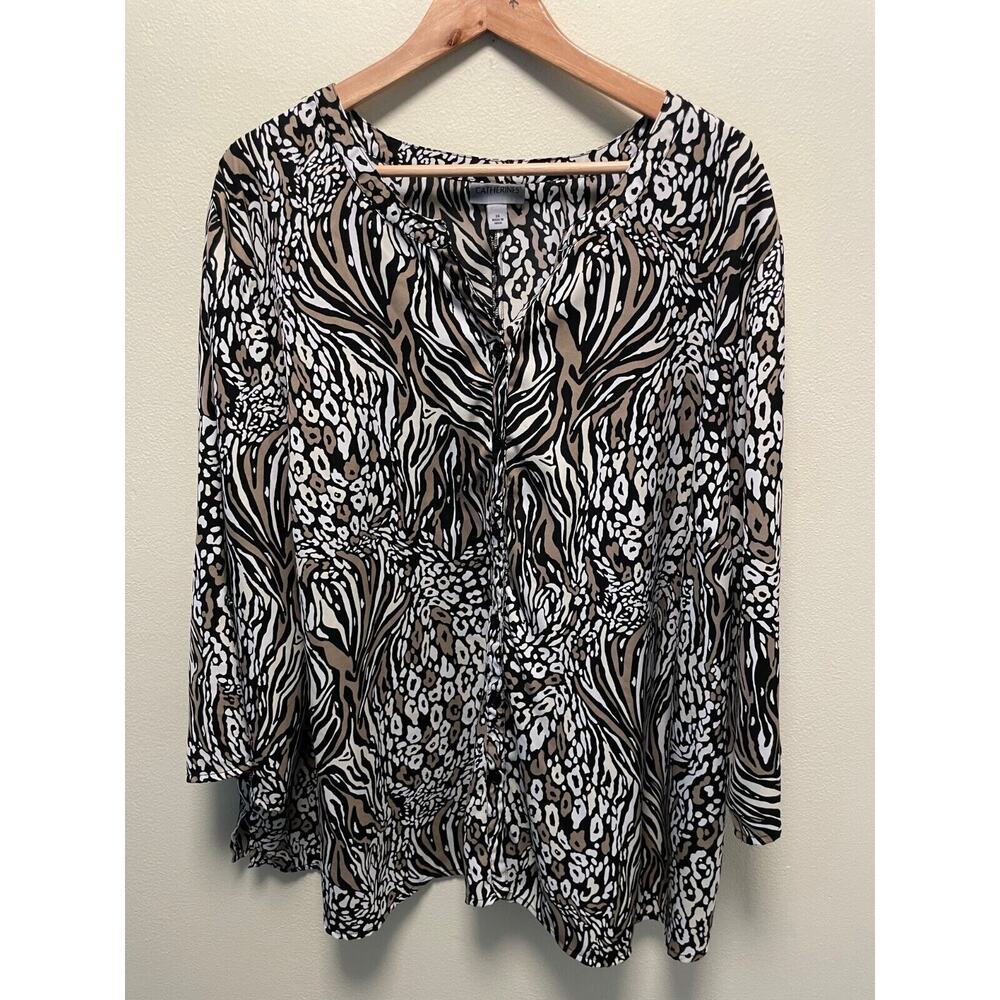 Catherines Women Top 3X Black Animal Print Chiffon Button Up 3/4 Sleeve Mob Wife
